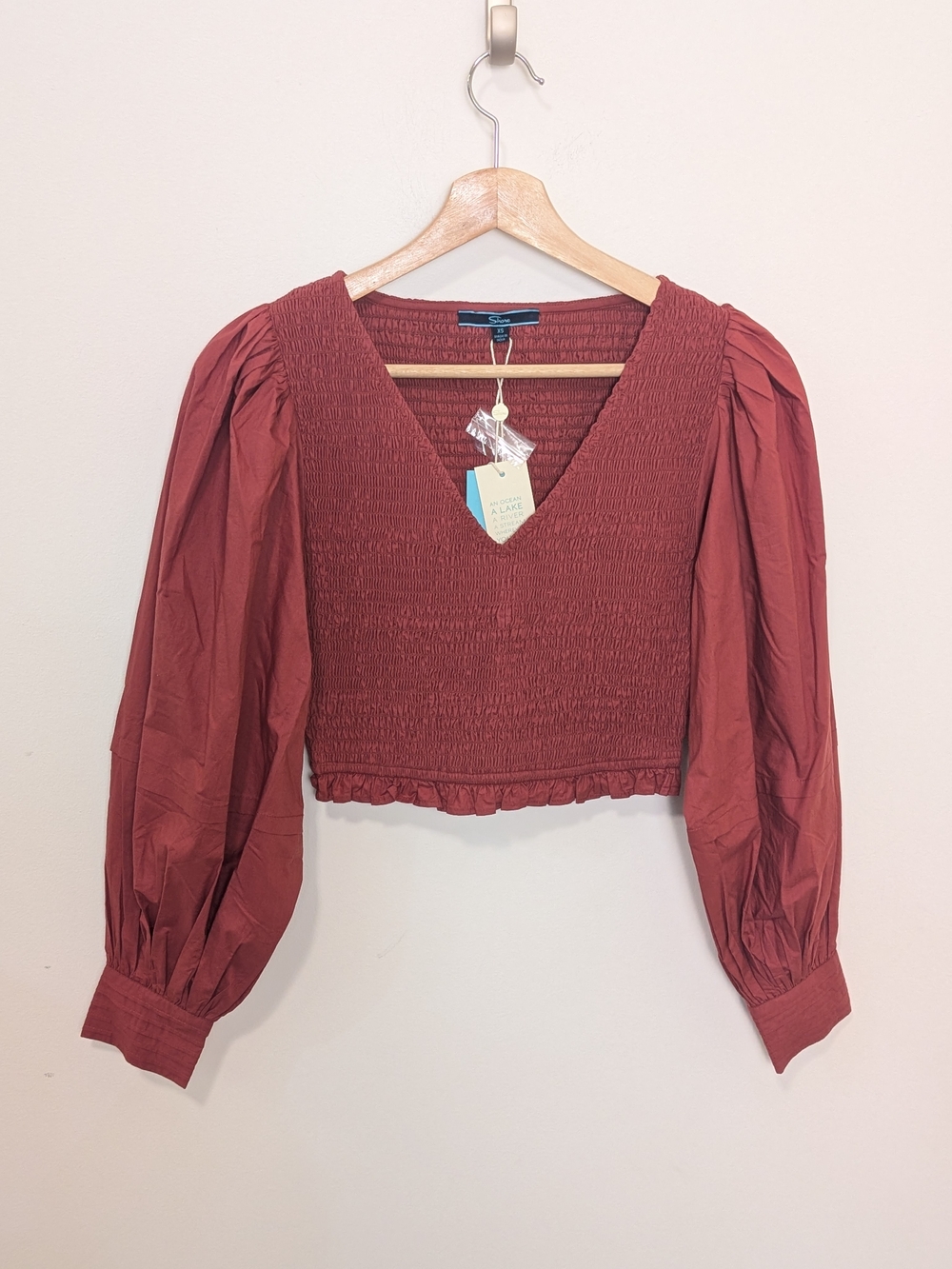 Shore Beach Boutique Burnt Sienna Smocked V-Neck Long Sleeve Cropped Top XS